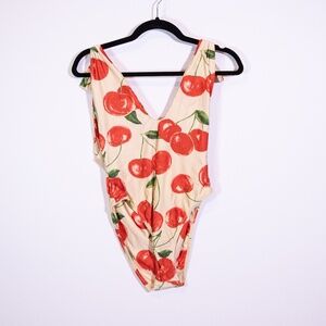 Sidway Cherry Fruit Print Anderson One Piece Shoulder Tie Bathing Suit Swim S